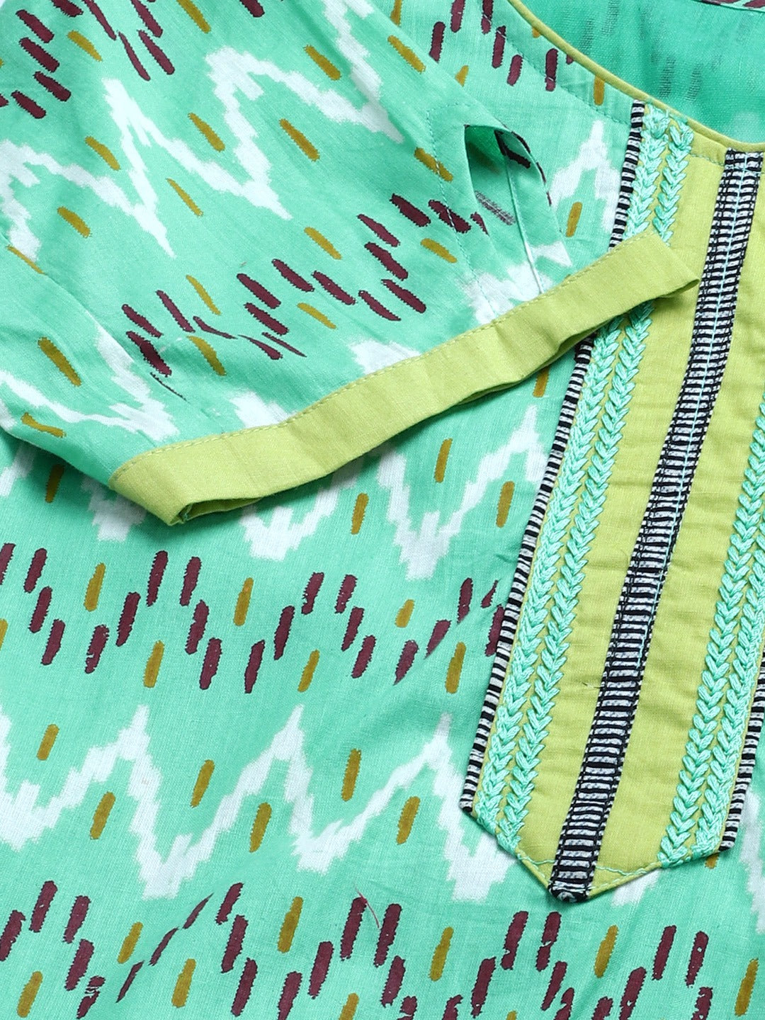 Cotton Ikat Suit Set with Cotton Bandhej Dupatta, Tassels & Asymmetrical hem