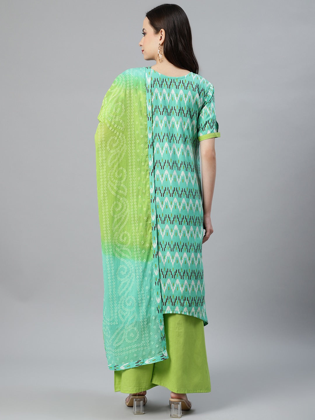 Cotton Ikat Kurta Pallazzo Set with Cotton Bandhej Dupatta, Tassels & Asymmetrical hem