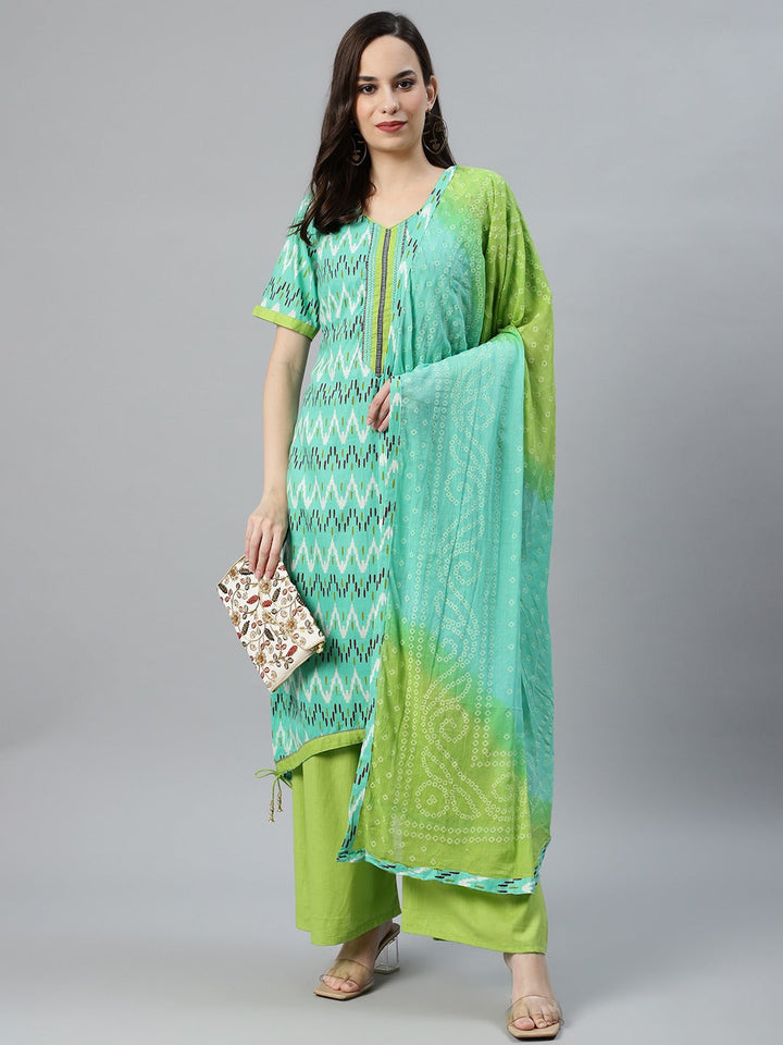 Cotton Ikat Kurta Pallazzo Set with Cotton Bandhej Dupatta, Tassels & Asymmetrical hem