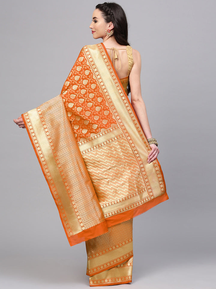 Orange Banarasi Handloom Silk Saree with intricate zari woven floral motifs