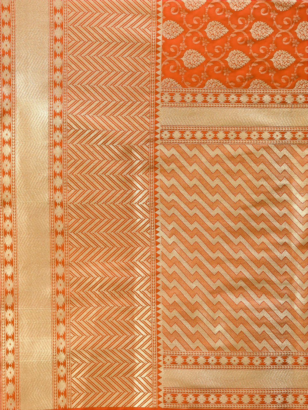 Orange Banarasi Handloom Silk Saree with intricate zari woven floral motifs