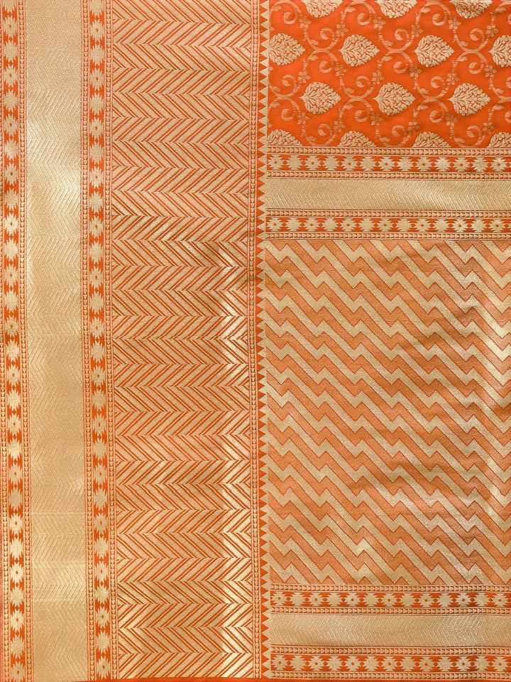 Orange Banarasi Handloom Silk Saree with intricate zari woven floral motifs