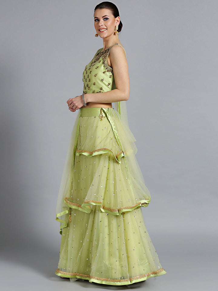 Pearl, Sequin Embellished Crop Top with Layered Lehenga