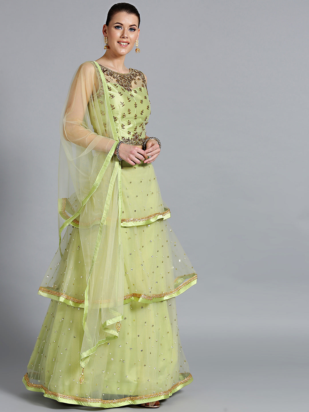 Pearl, Sequin Embellished Crop Top with Layered Lehenga
