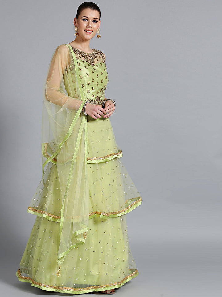 Pearl, Sequin Embellished Crop Top with Layered Lehenga