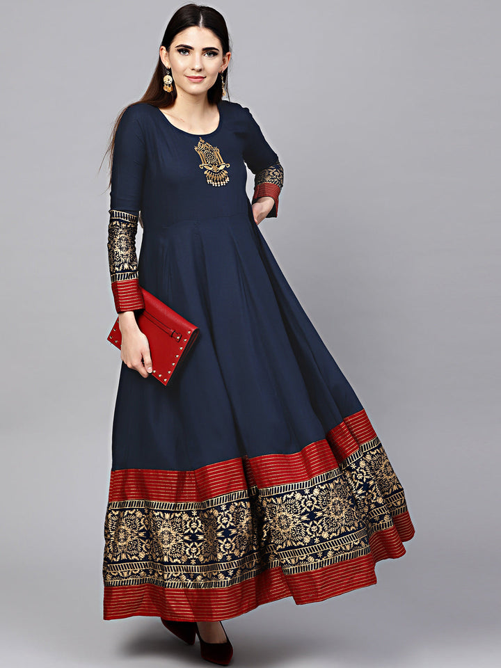 Anarkali Flared Dress with Foil Print and Embellishments