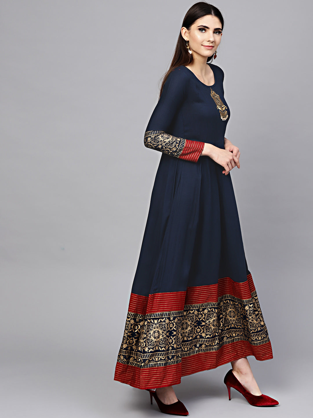 Anarkali Flared Dress with Foil Print and Embellishments