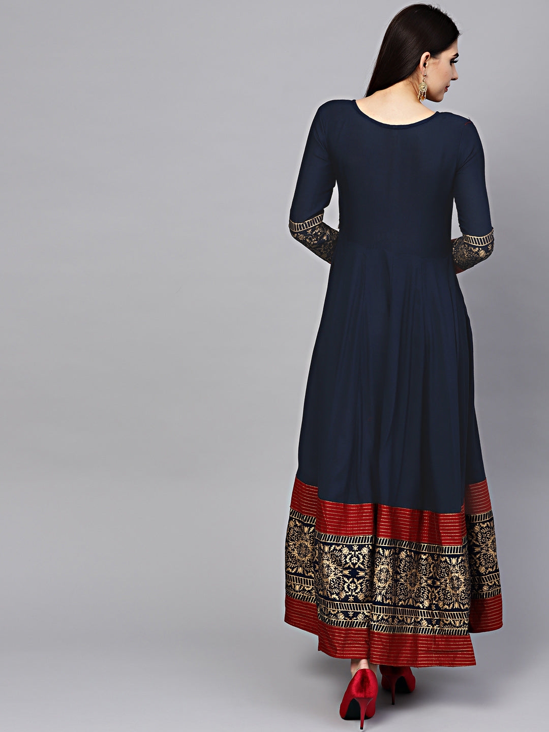 Anarkali Flared Dress with Foil Print and Embellishments