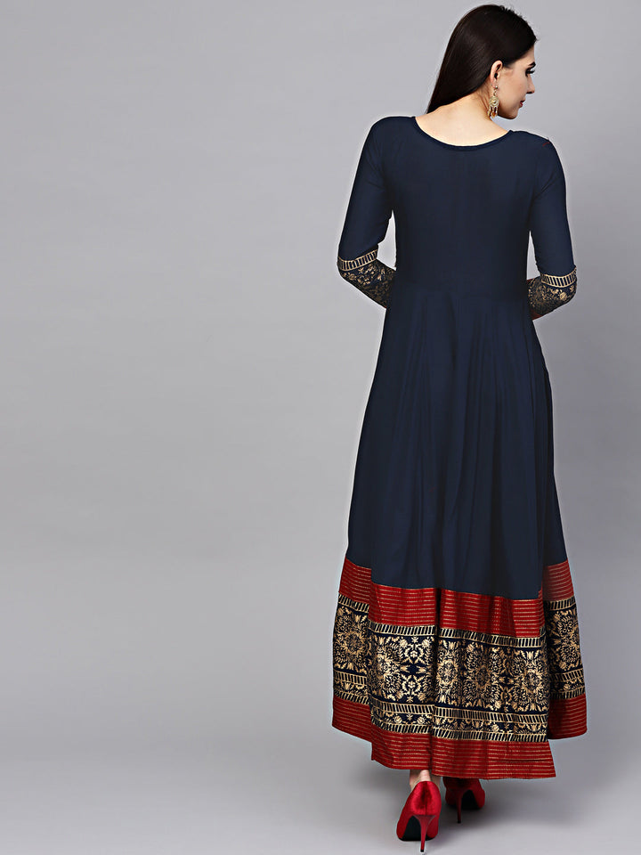 Anarkali Flared Dress with Foil Print and Embellishments