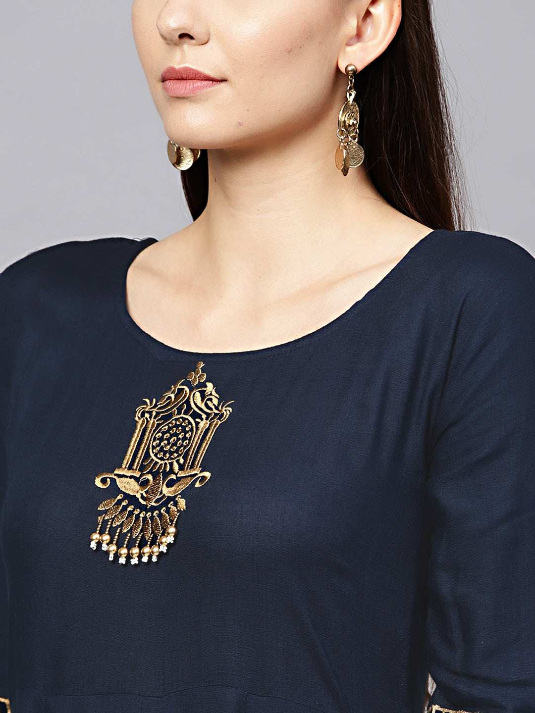 Anarkali Flared Dress with Foil Print and Embellishments