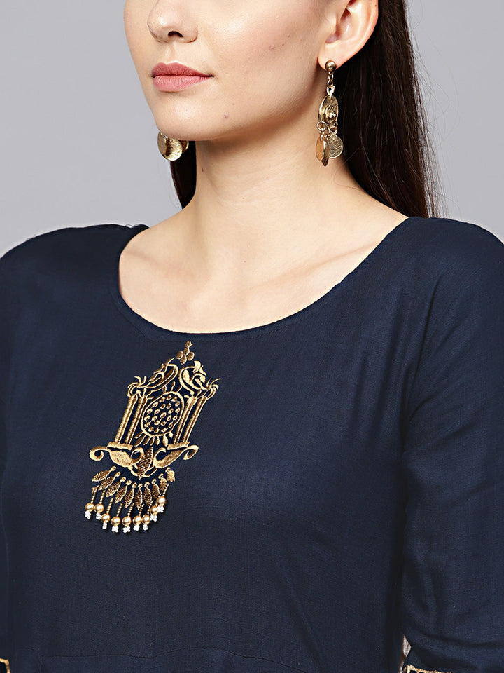 Anarkali Flared Dress with Foil Print and Embellishments