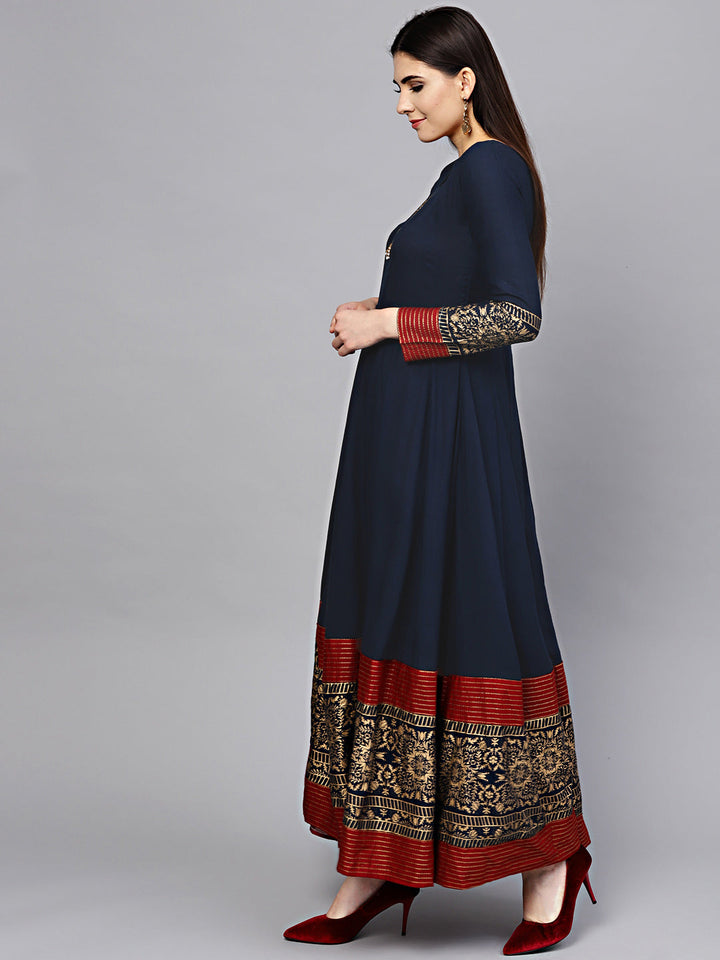 Anarkali Flared Dress with Foil Print and Embellishments