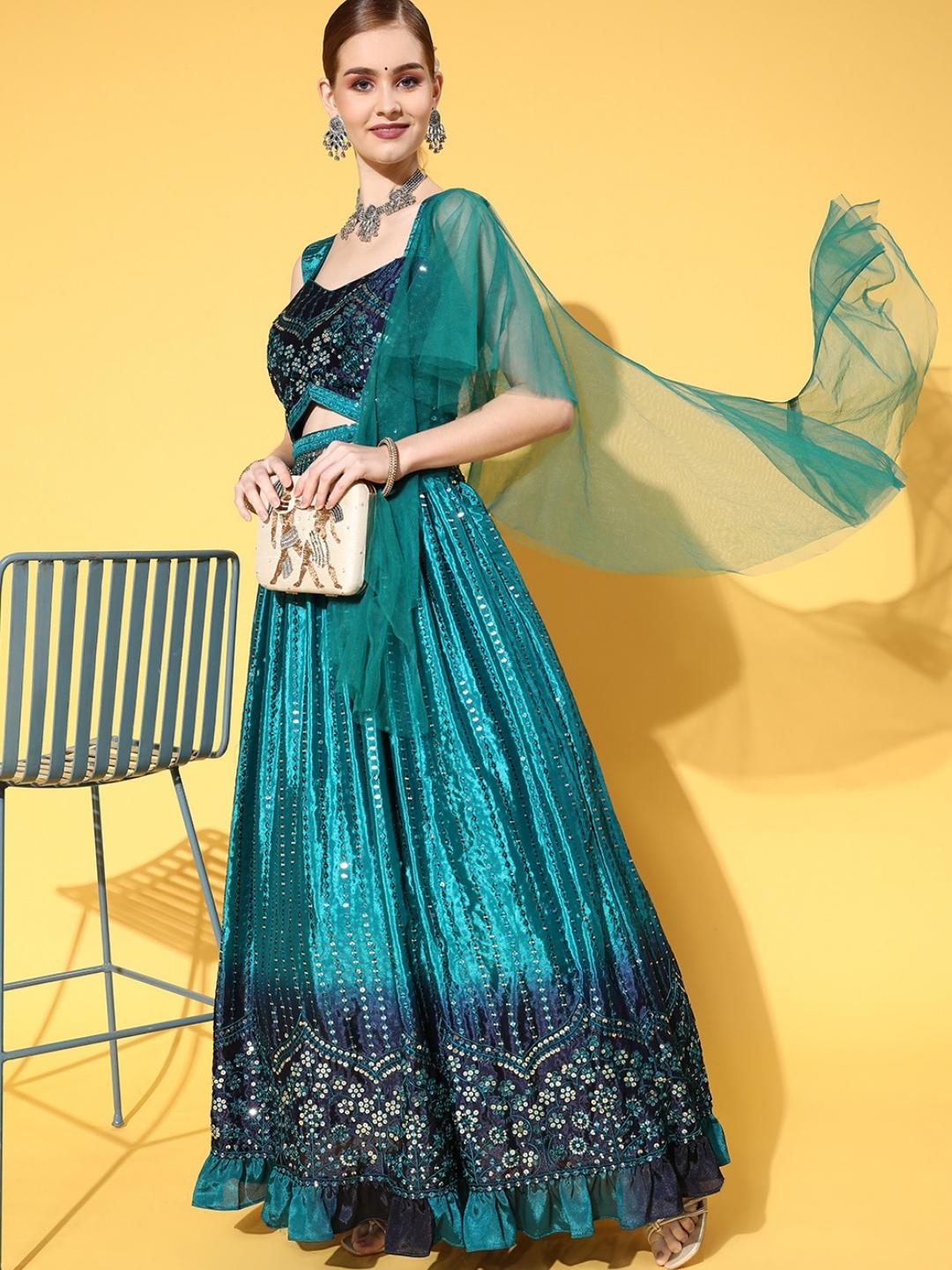 Blue Sequence Work Ombre Dyed Ruffled Chinon Crepe Lehanga Set
