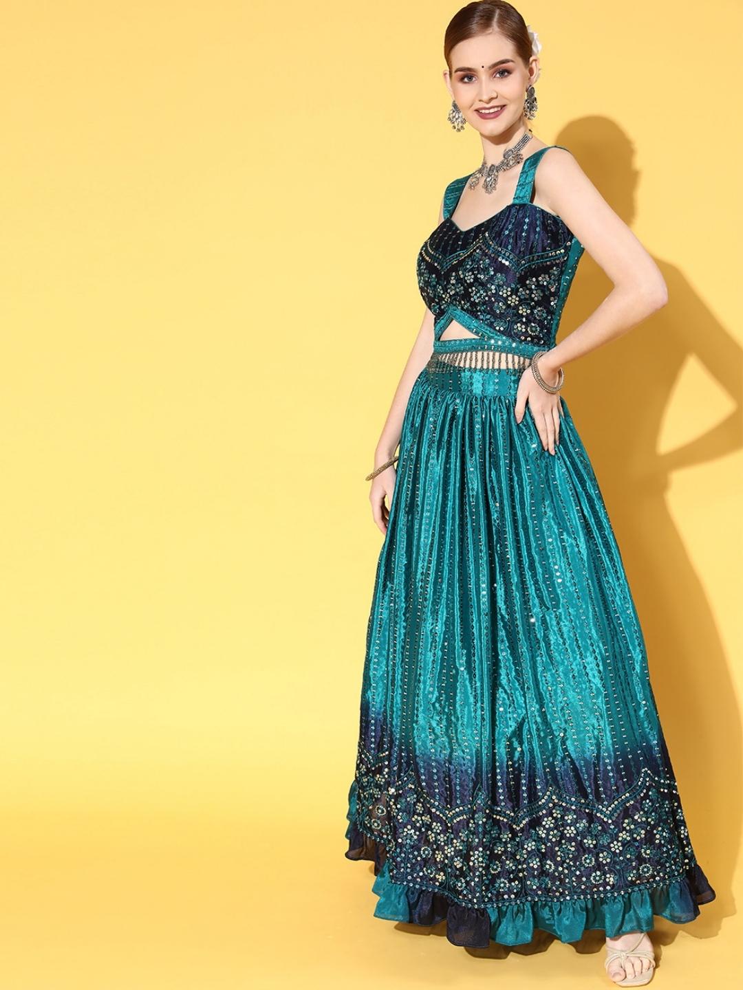 Blue Sequence Work Ombre Dyed Ruffled Chinon Crepe Lehanga Set