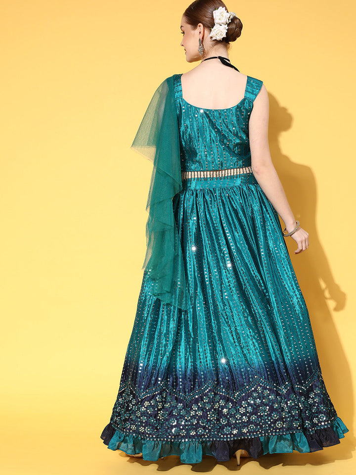 Blue Sequence Work Ombre Dyed Ruffled Chinon Crepe Lehanga Set
