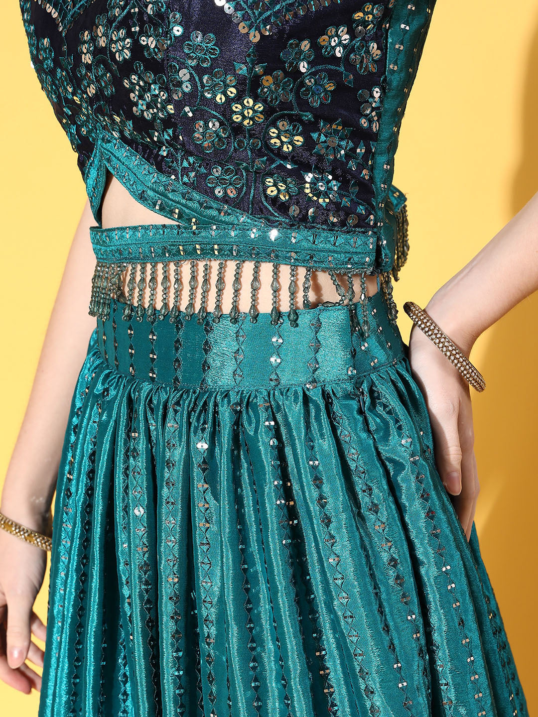 Blue Sequence Work Ombre Dyed Ruffled Chinon Crepe Lehanga Set