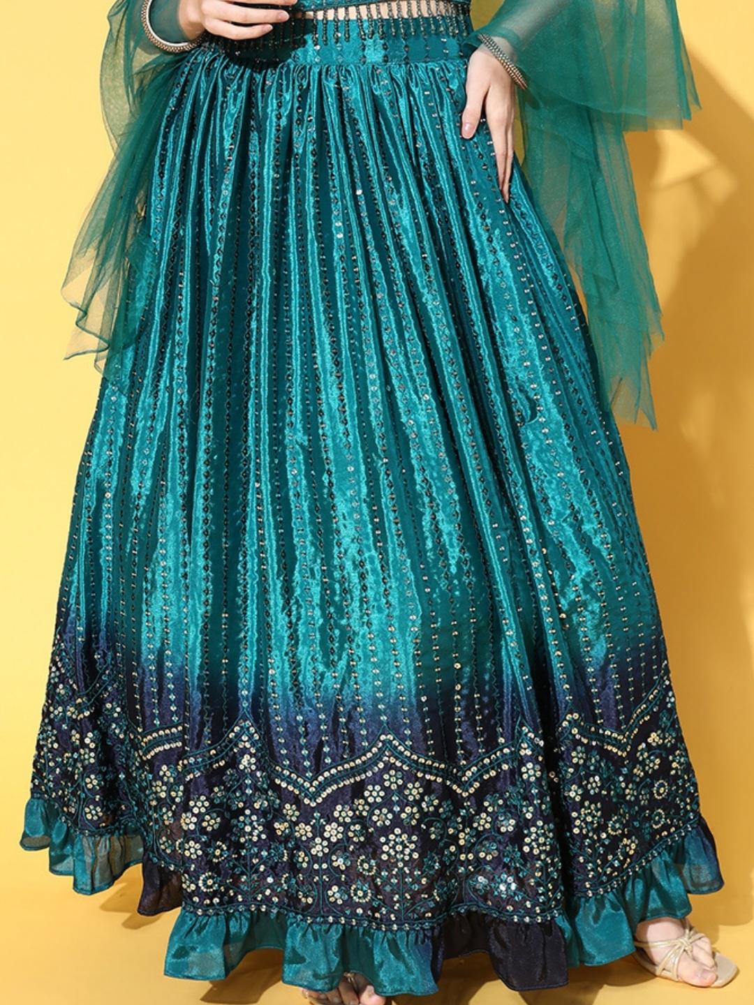 Blue Sequence Work Ombre Dyed Ruffled Chinon Crepe Lehanga Set