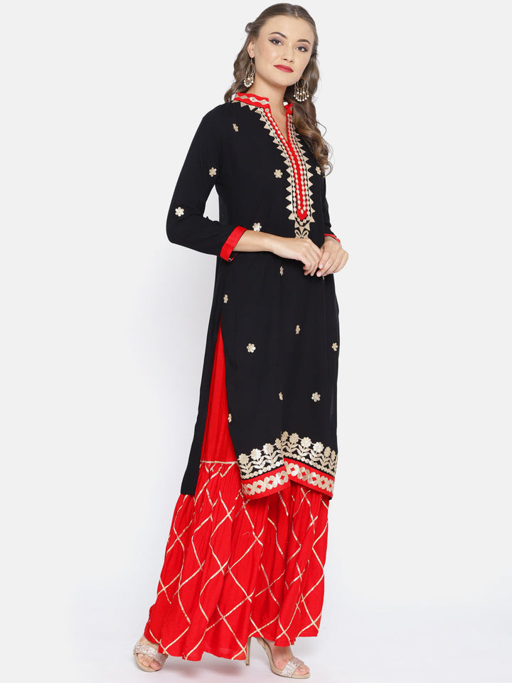 Black GotaPatti Work Kurta with Red Sharara Dupatta