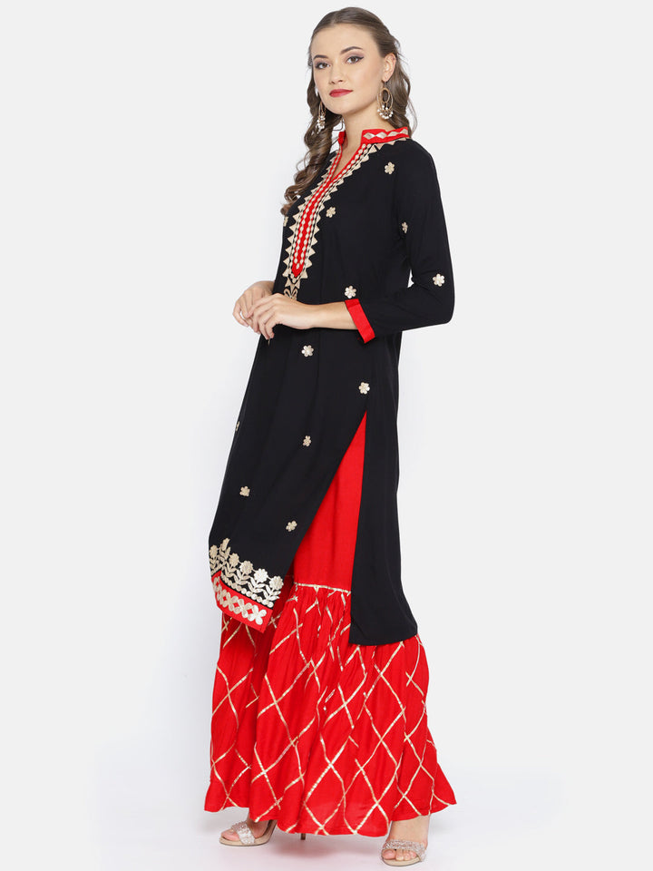 Black GotaPatti Work Kurta with Red Sharara Dupatta