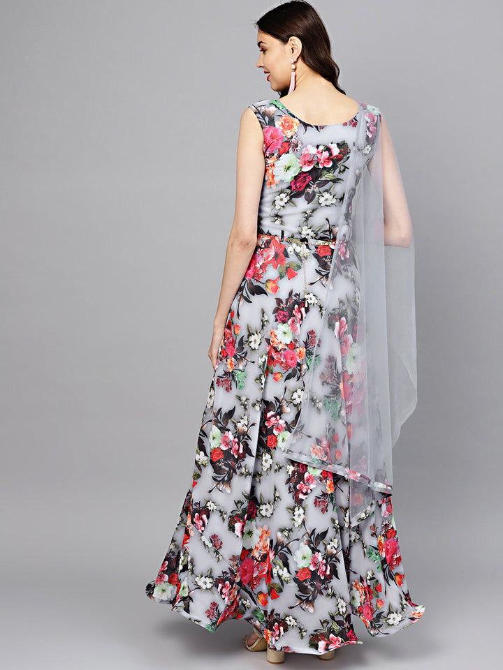 Georgette Floral Anarkali Cocktail Gown with matching Belt