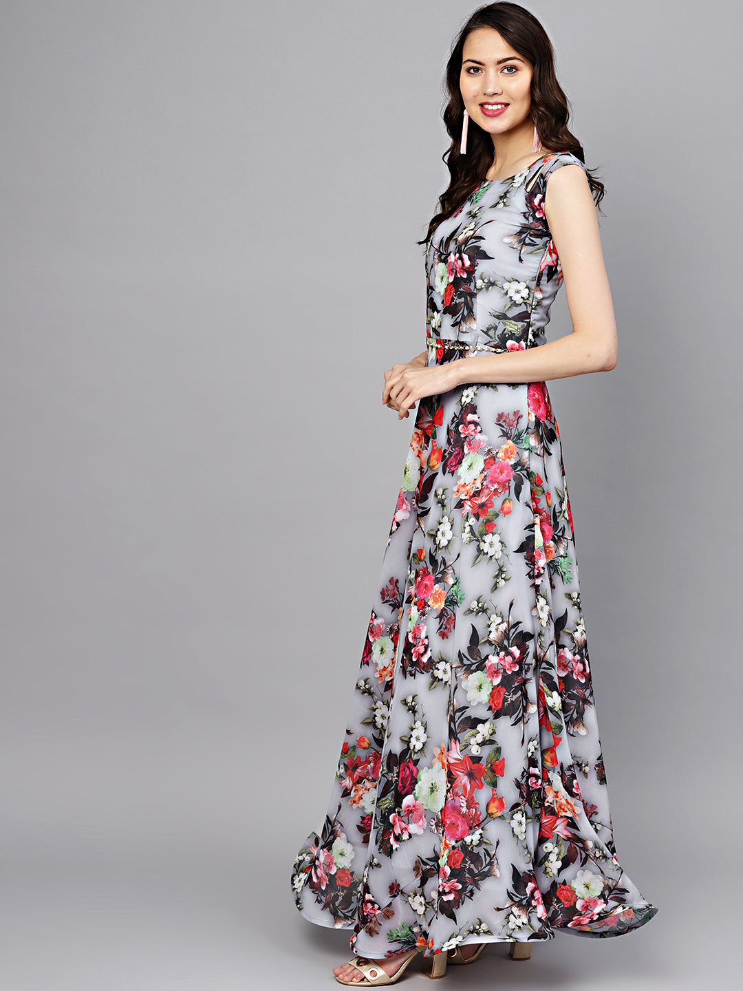 Georgette Floral Anarkali Cocktail Gown with matching Belt
