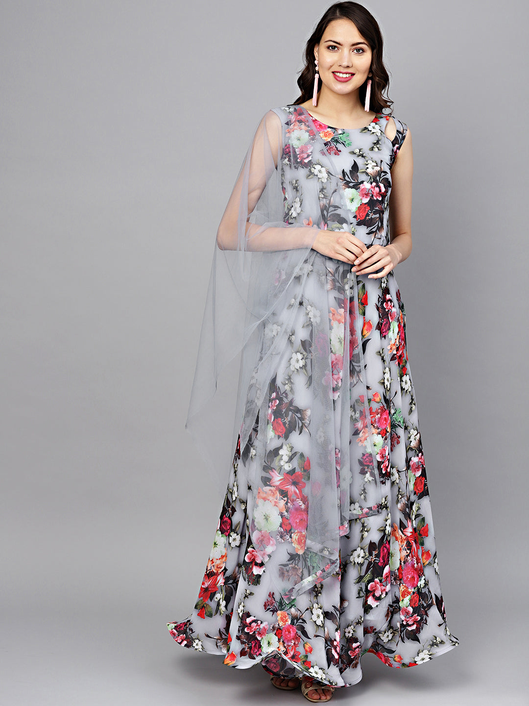 Georgette Floral Anarkali Cocktail Gown with matching Belt