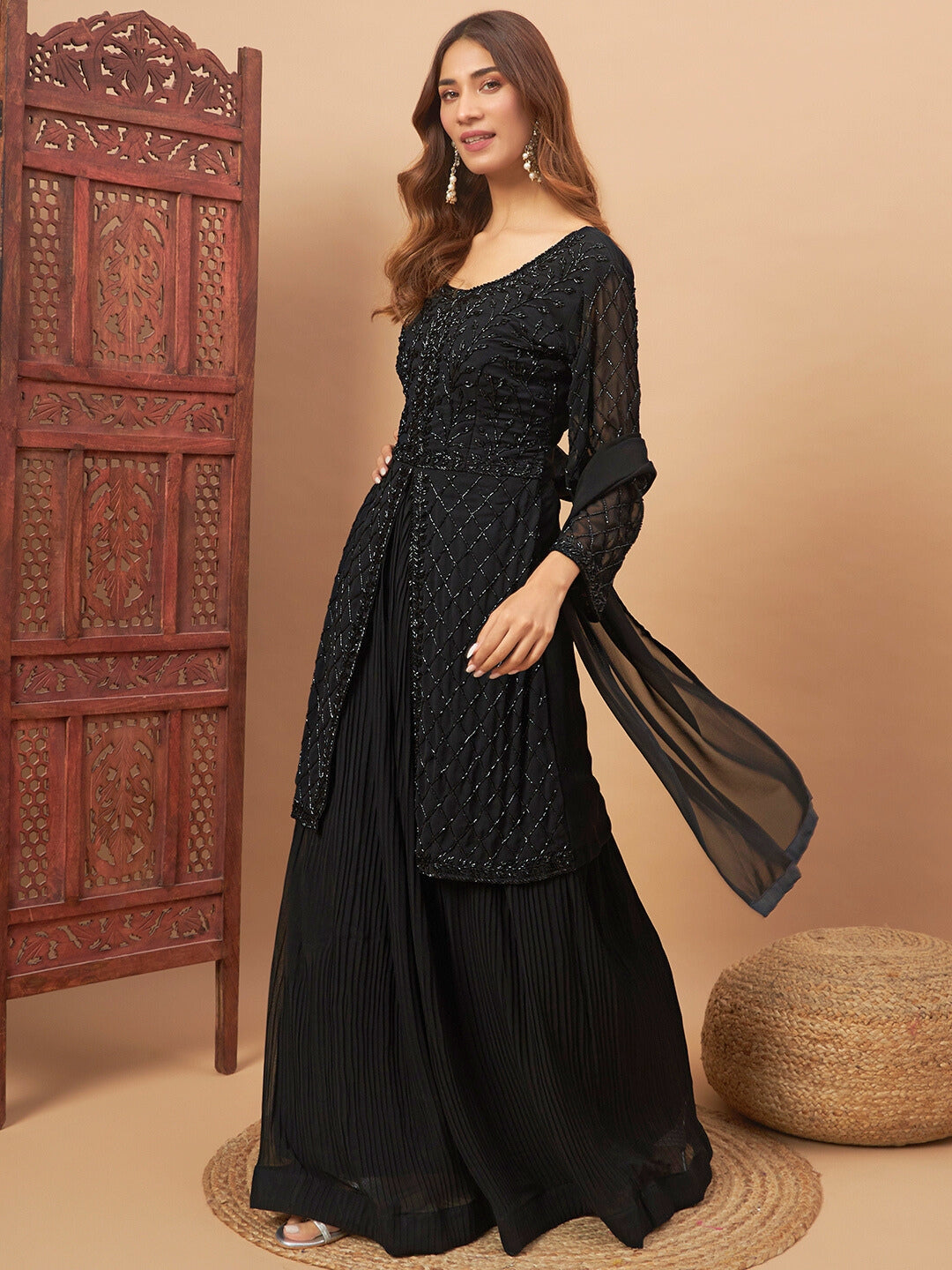 Chhabra 555 Heavy Cut dana Work Georgette Kurta Gharara Set with Embroidered Sleeves