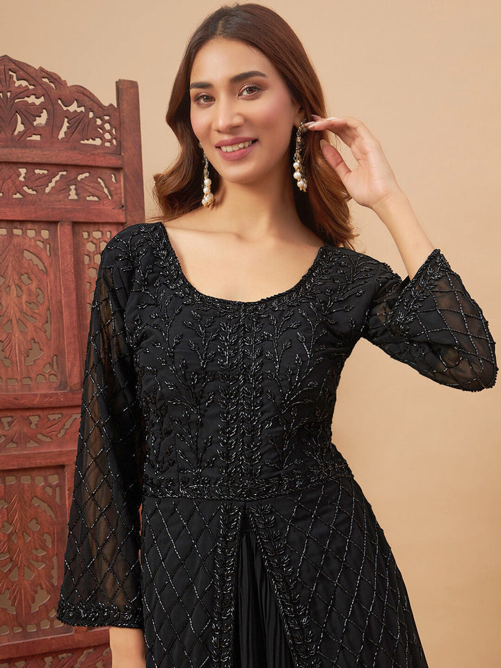 Heavy Cut dana Work Georgette Kurta Gharara Set with Embroidered Sleeves