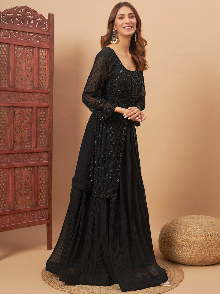 Heavy Cut dana Work Georgette Kurta Gharara Set with Embroidered Sleeves