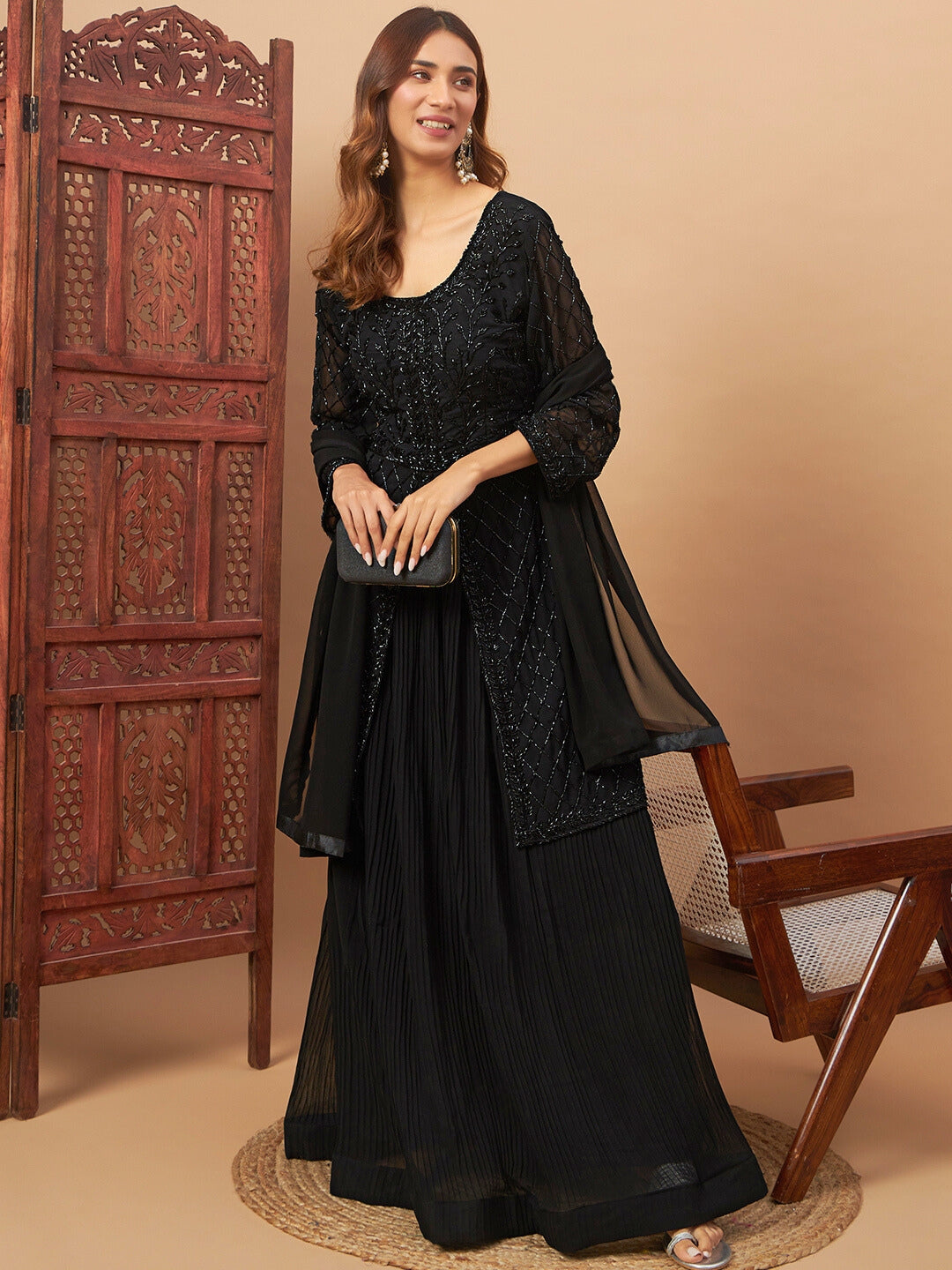 Heavy Cut dana Work Georgette Kurta Gharara Set with Embroidered Sleeves