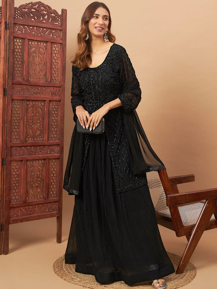 Heavy Cut dana Work Georgette Kurta Gharara Set with Embroidered Sleeves
