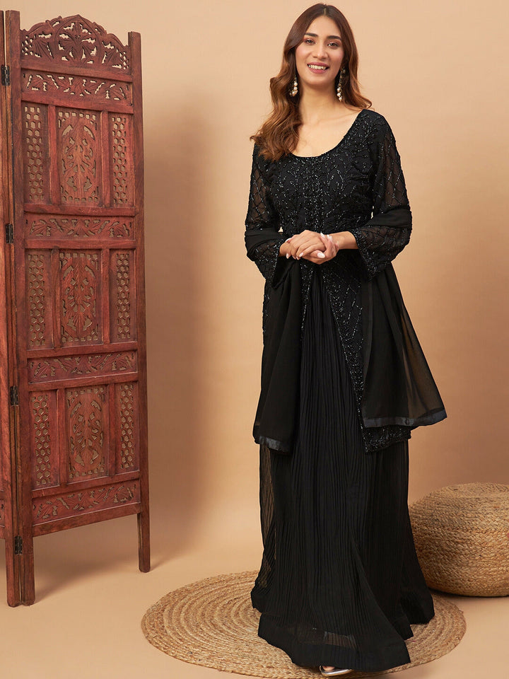 Heavy Cut dana Work Georgette Kurta Gharara Set with Embroidered Sleeves