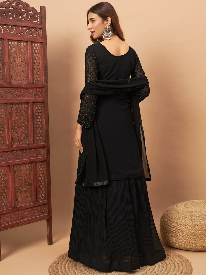 Heavy Cut dana Work Georgette Kurta Gharara Set with Embroidered Sleeves