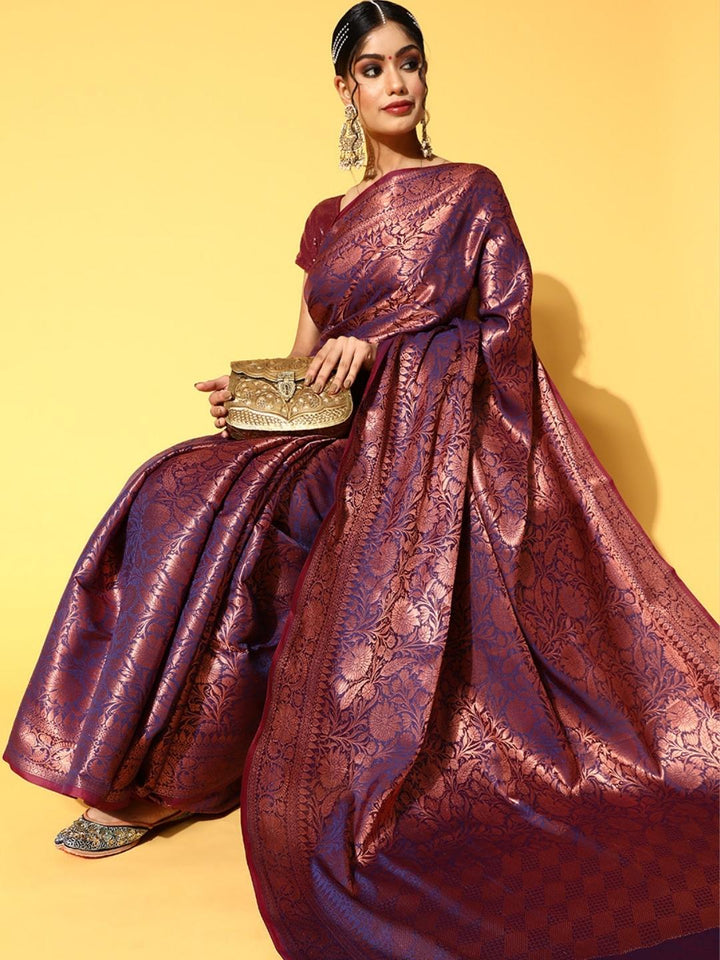 Deep Burgundy Oxidised Zari Handloom Silk Saree With Floral Motifs