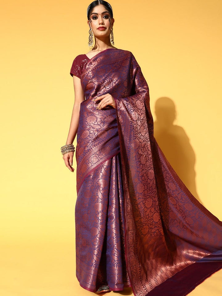 Deep Burgundy Oxidised Zari Handloom Silk Saree With Floral Motifs