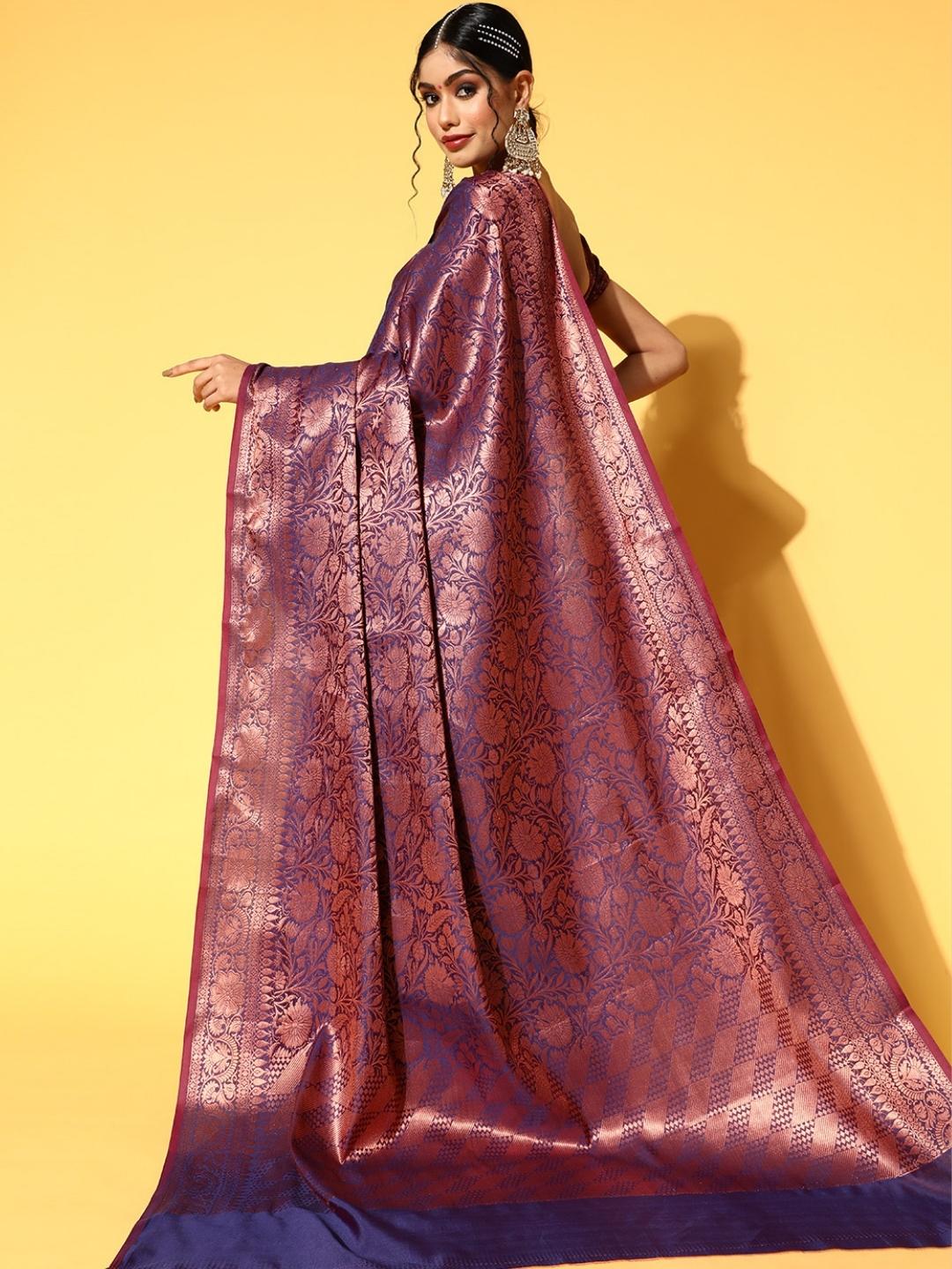 Deep Burgundy Oxidised Zari Handloom Silk Saree With Floral Motifs