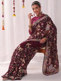 Chhabra 555 Parsi Inspired Saree with Multicolor Resham Embroidery & Allover Floral and Bird Motifs
