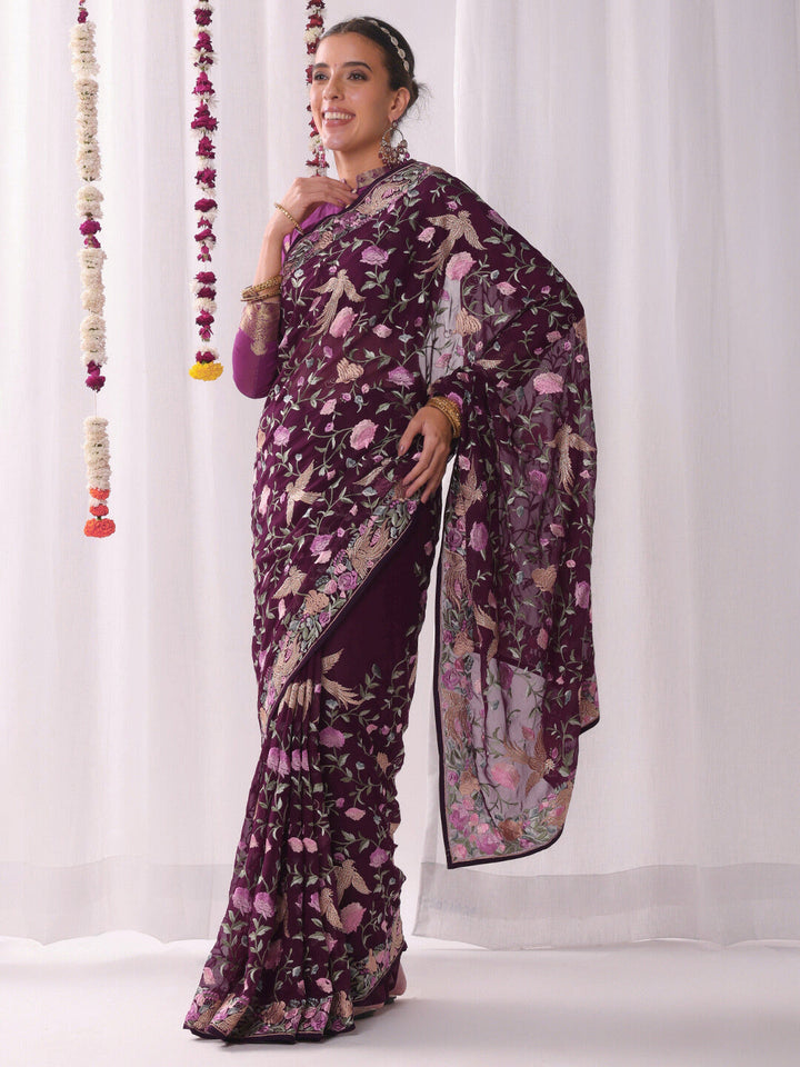 Parsi Inspired Saree with Multicolor Resham Embroidery