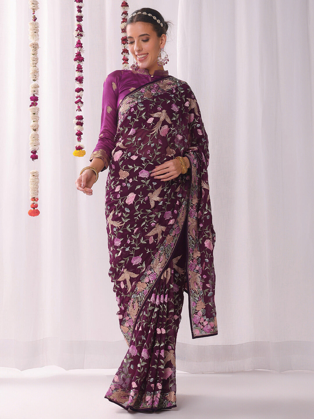 Parsi Inspired Saree with Multicolor Resham Embroidery