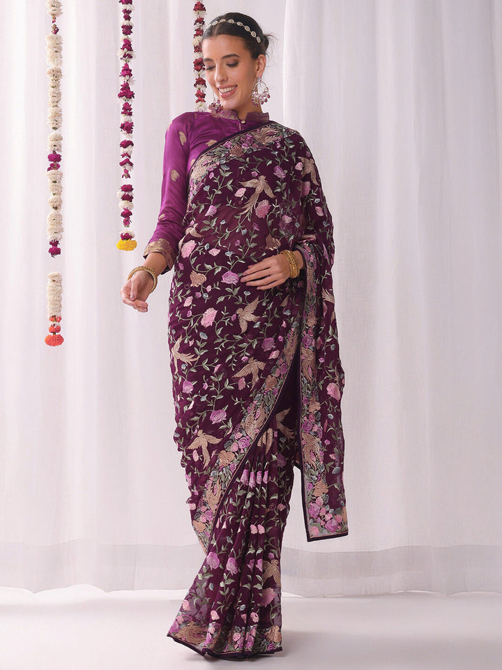 Parsi Inspired Saree with Multicolor Resham Embroidery