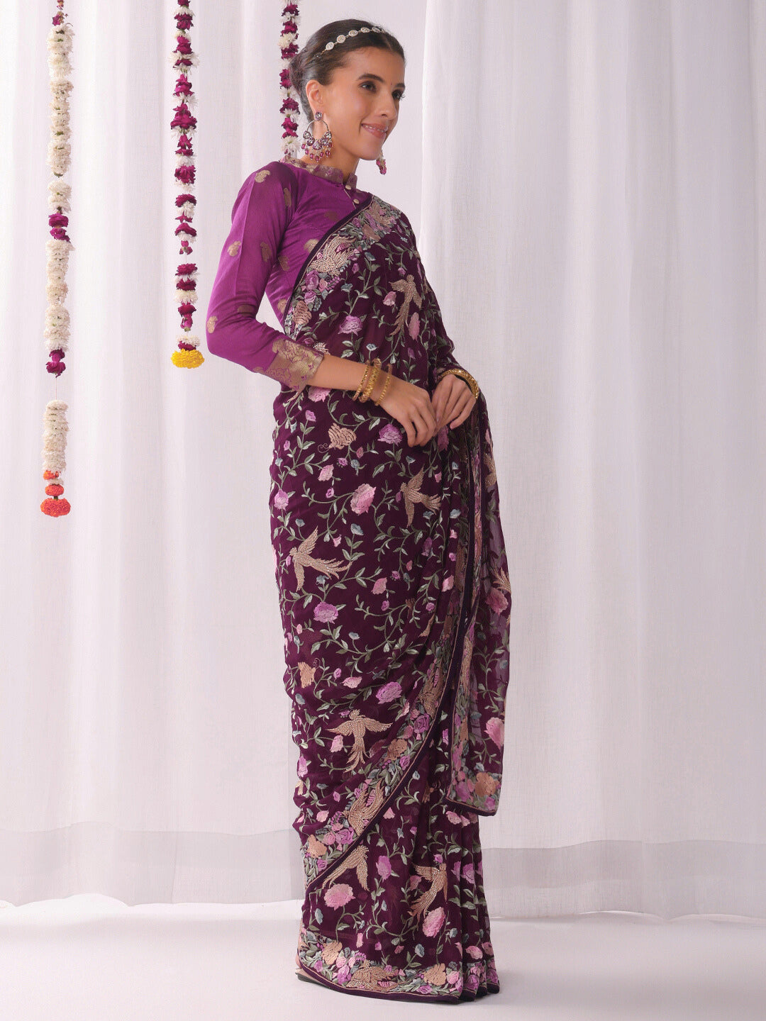 Parsi Inspired Saree with Multicolor Resham Embroidery