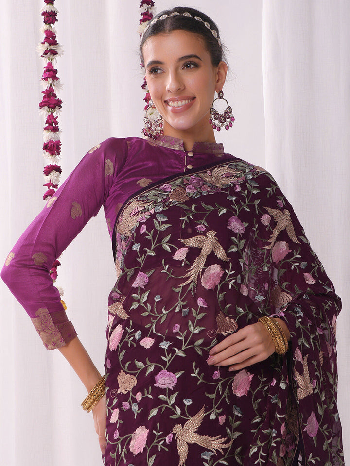 Parsi Inspired Saree with Multicolor Resham Embroidery