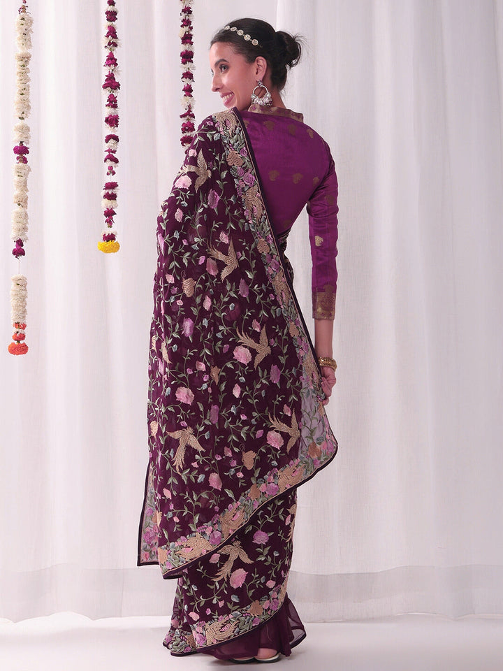 Parsi Inspired Saree with Multicolor Resham Embroidery