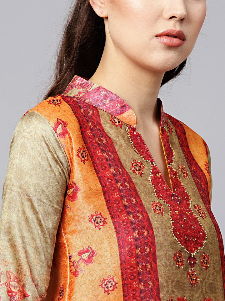 Chanderi Digital Print Suit with Crystal Embellishments