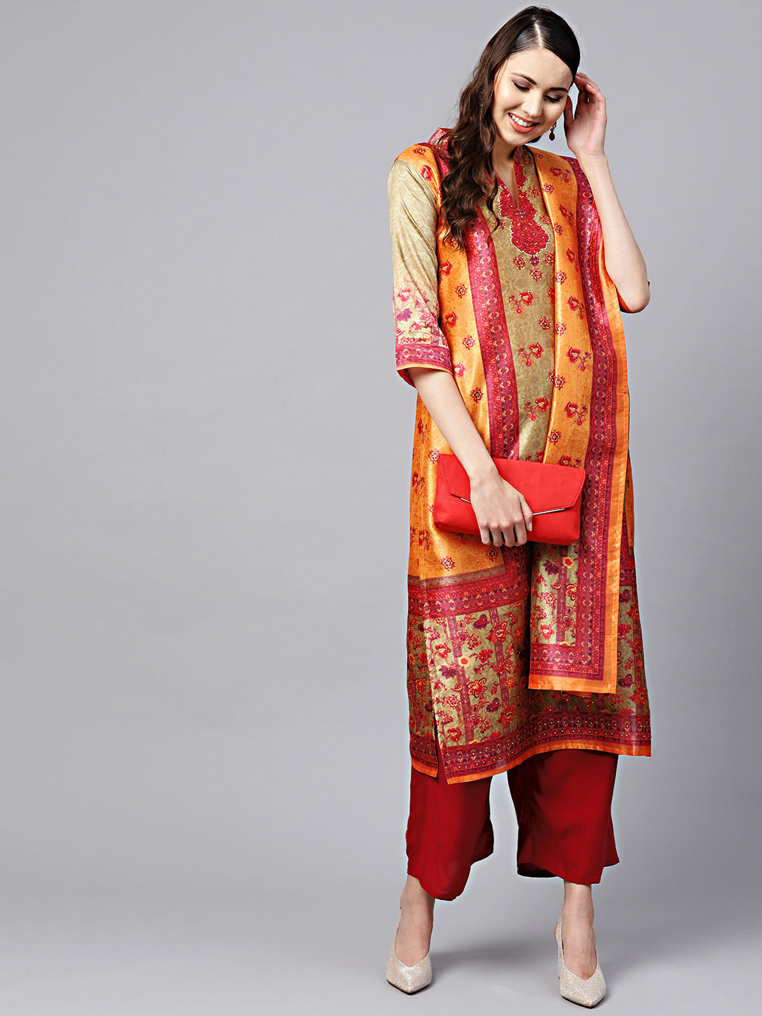 Chanderi Digital Print Suit with Crystal Embellishments