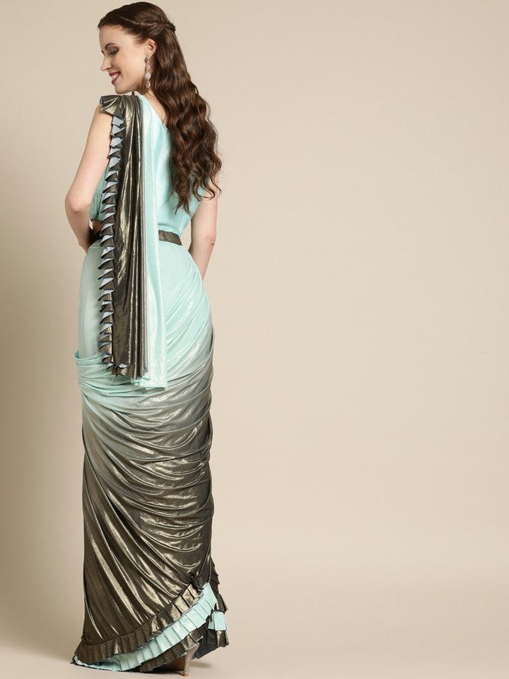 Ruffled Pre-Draped Ombre Shimmer Saree with Frills and Net Crystal Embroidered Blouse