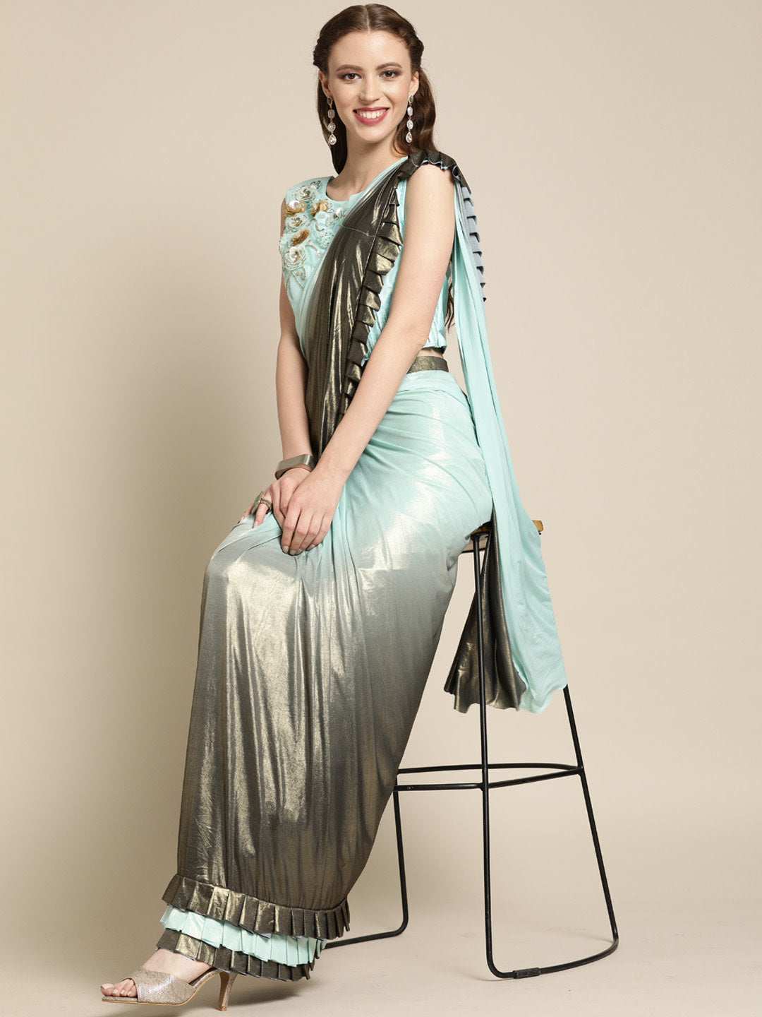 Ruffled Pre-Draped Ombre Shimmer Saree with Frills and Net Crystal Embroidered Blouse