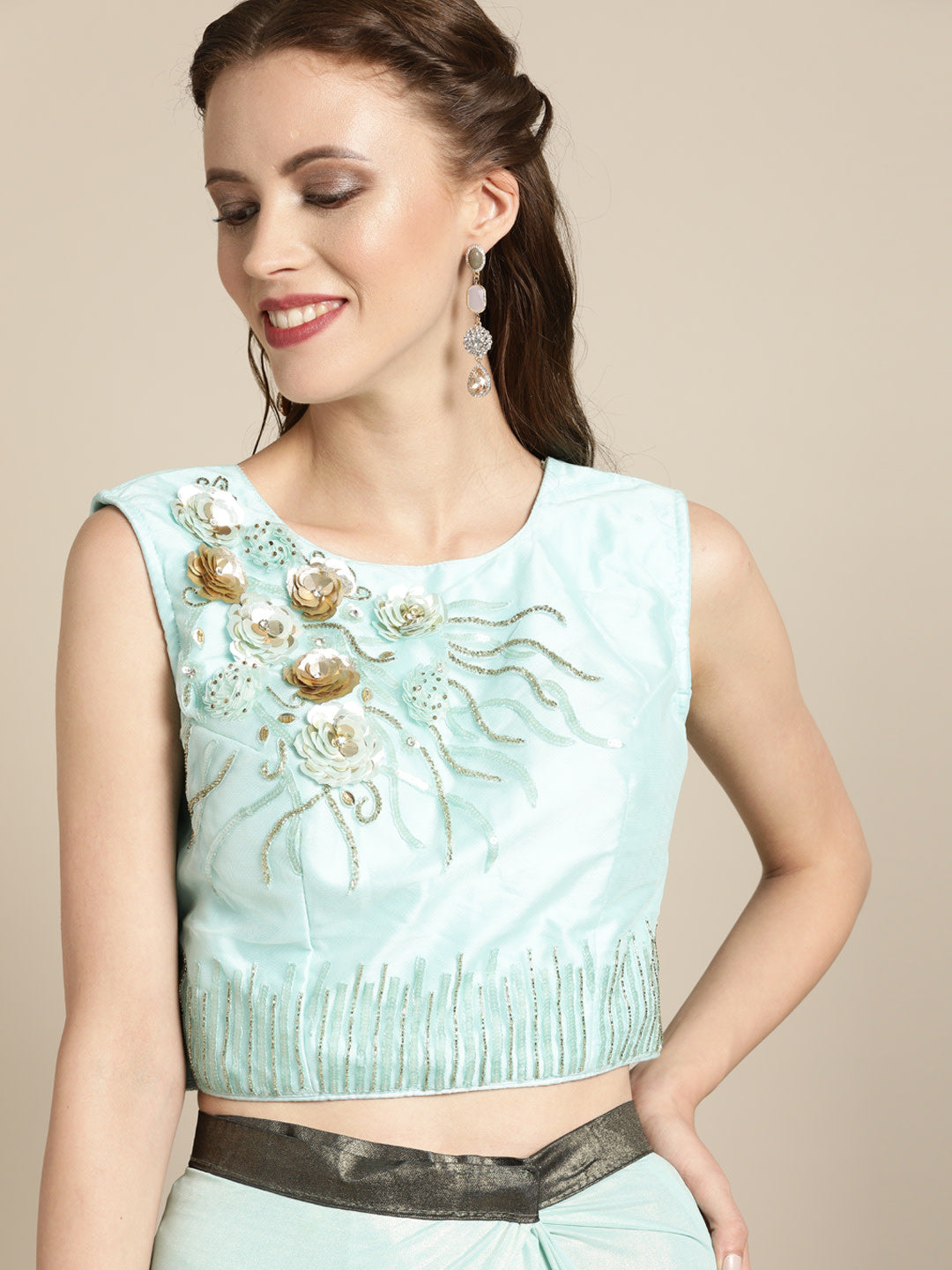 Ruffled Pre-Draped Ombre Shimmer Saree with Frills and Net Crystal Embroidered Blouse