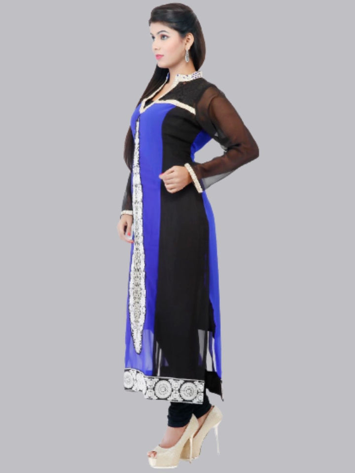 Black & Royal Blue Georgette Straight Patchwork Kurta