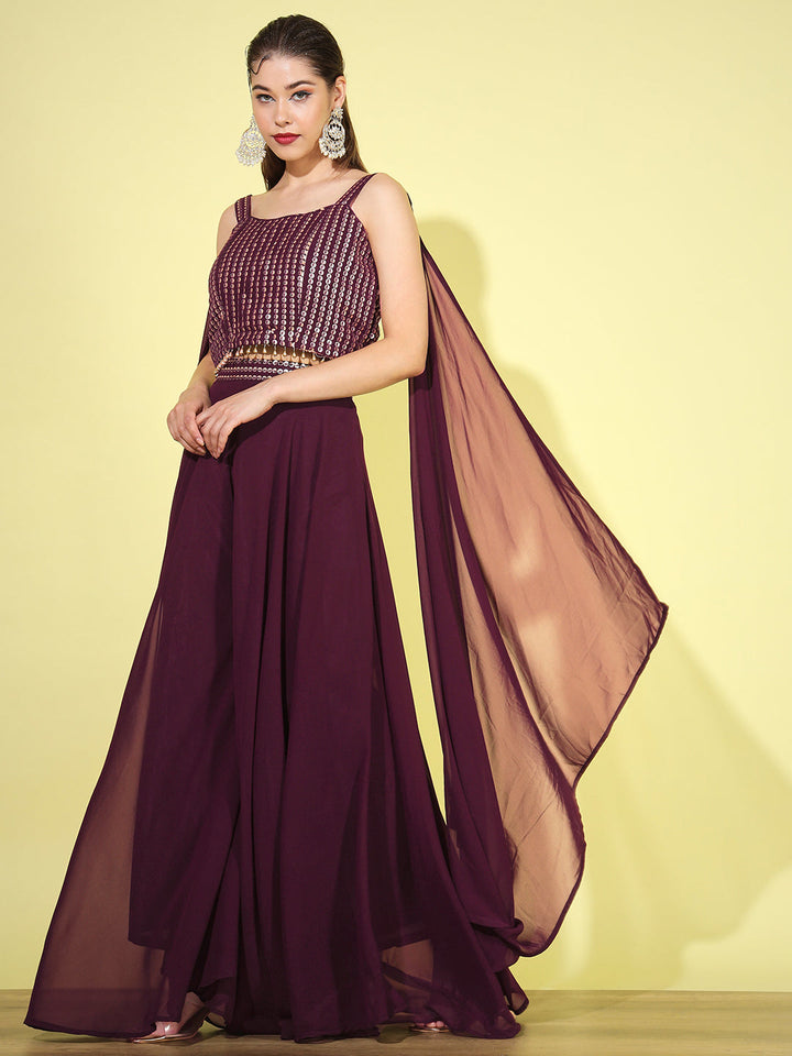 Plum Sequin Embellished Tassled Crop Top with Flared Pallazo Set